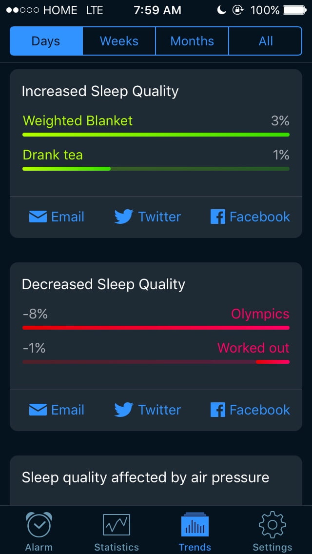 Sleep app screenshot showing weighted blanket improved sleep by 3%
