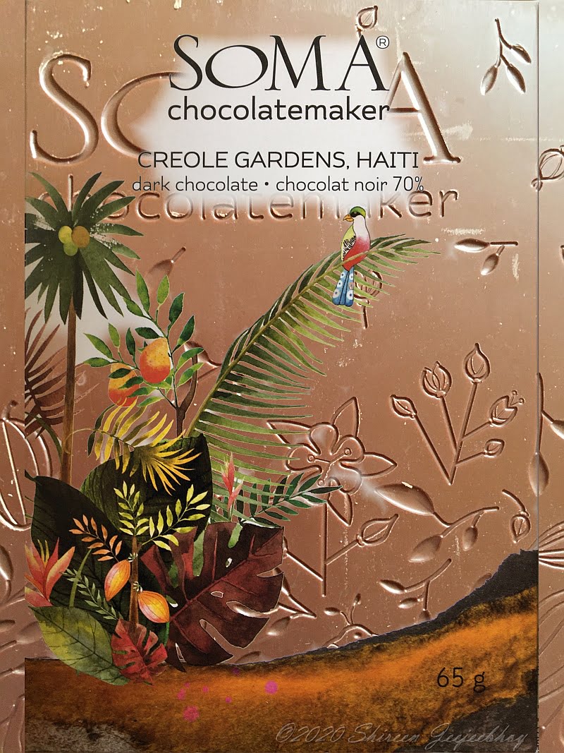 Collage showing the chocolate through the packaging of Soma Chocolate Creole Gardens chocolate. Patterned dark milky chocolate with palm fronds on the left side.