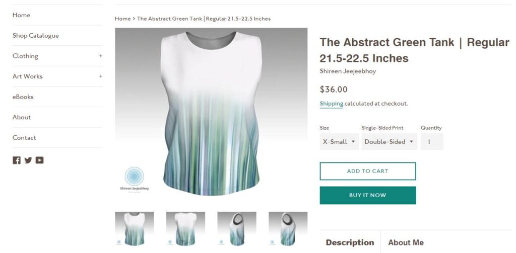 Product page for abstract green tank top, regular style