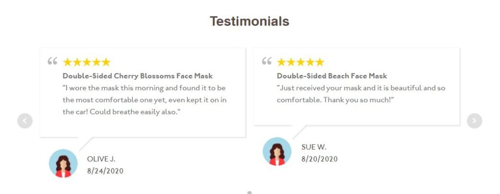 Two testimonials raving about my face coverings.