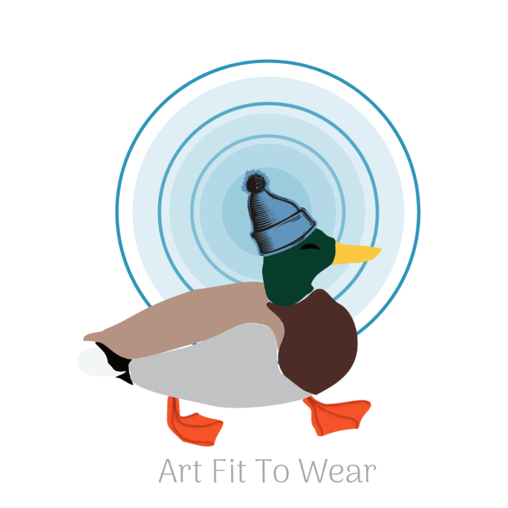 Art Fit To Wear logo of orange-footed mallard duck walking left to right with a blue toque on, against blue circles. A graphic.