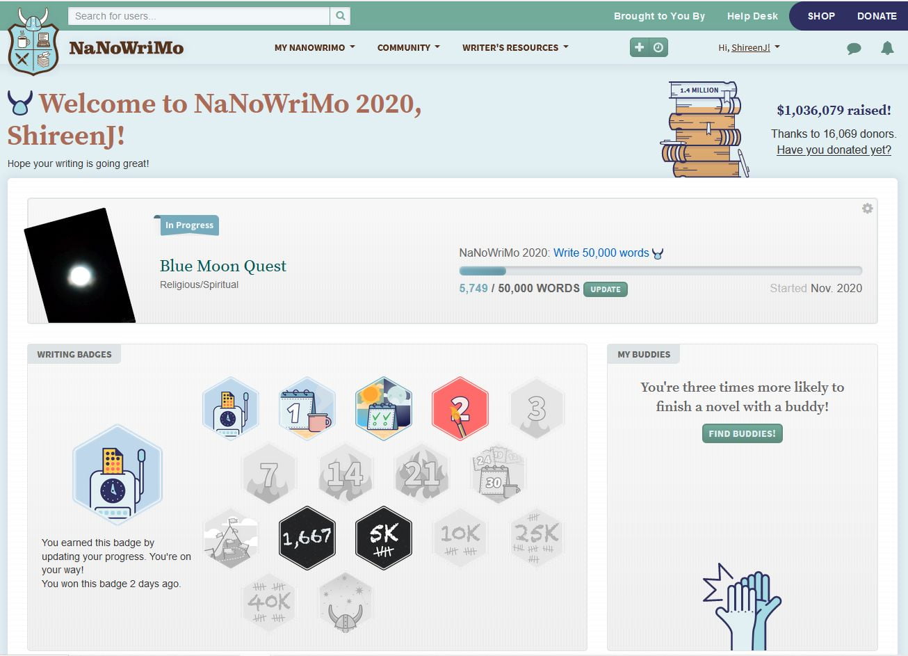 NaNoWriMo Blue Moon Screenshot showing four badges from day one and two badges for day two.