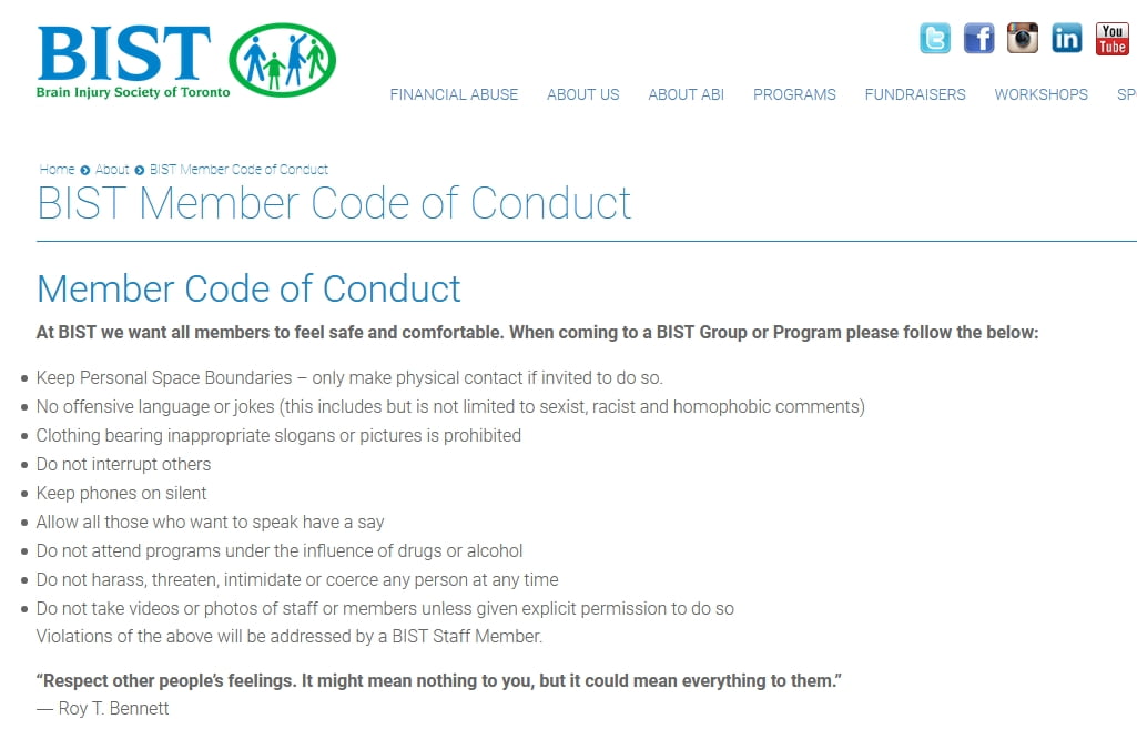 Screenshot of BIST Code of Conduct for all members