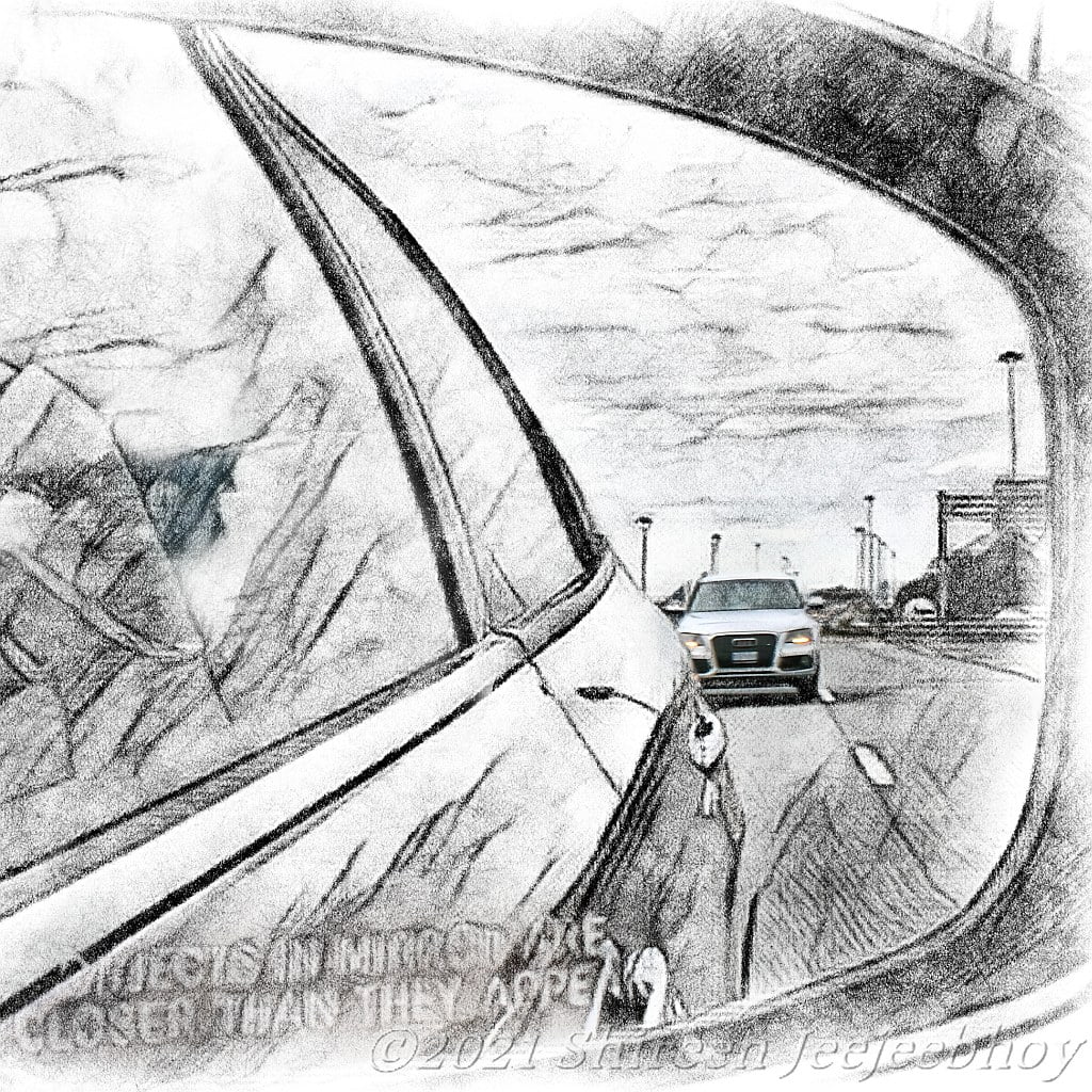 Charcoal rendering of a photo shot through window of car side mirror reflecting a car rendered more realistically following behind. Square crop of original image.