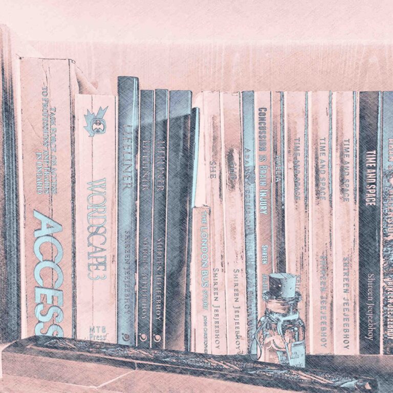 Jeejeebhoy Books on a bookshelf with pink and blue overlay.