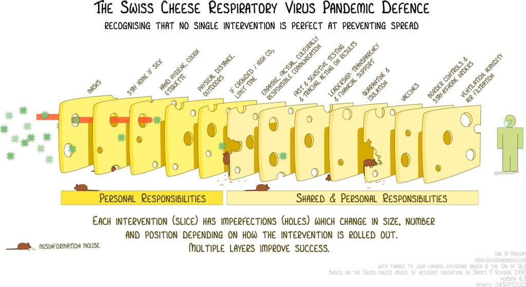 Drawn infographic showing slices of swiss cheese with misinformation mice eating at the slices representing vaccines, communication of public health measures. Each slice represents one or a combo of public health measures to prevent COVID-19 spread. There are a dozen slices with the ones on the left representing personal responsibility and the ones on the right shared and personal. Viruses are shown going through holes until stopped by no corresponding holes in succeeding slices, from left to right.