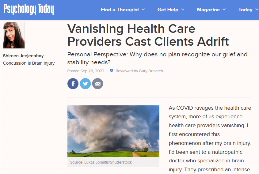 Screenshot of Psychology Today Post titled Vanishing Health Care Providers Cast Clients Adrift
