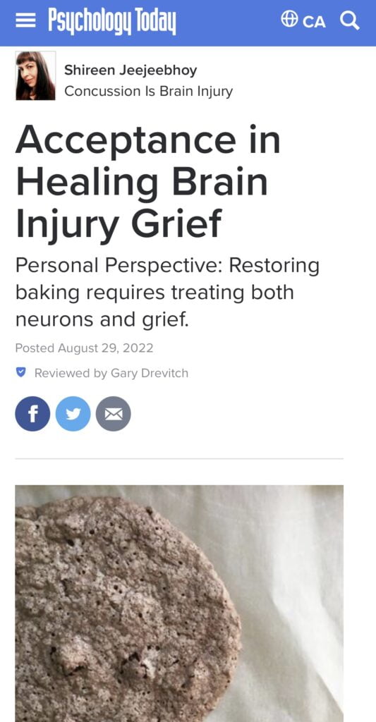 Screen capture of Psychology Today post on acceptance in healing brain injury grief through baking. 
