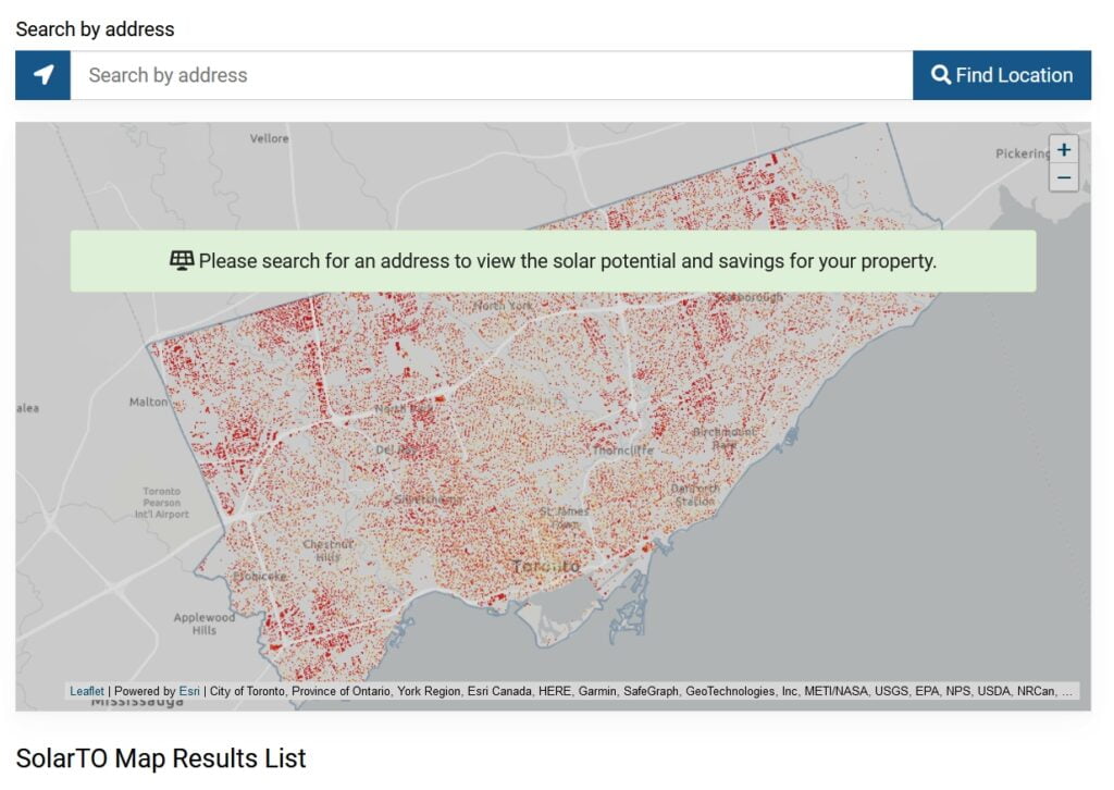 Screenshot of SolarTO map of Toronto with red dots showing where all the solar reports are. A bar asks you to enter your address to search for your SolarTO report.