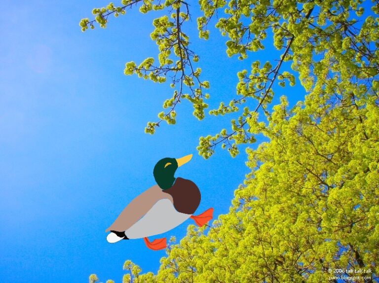Duck illustration walking up bright green budding leaves on a tree against a blue sky.