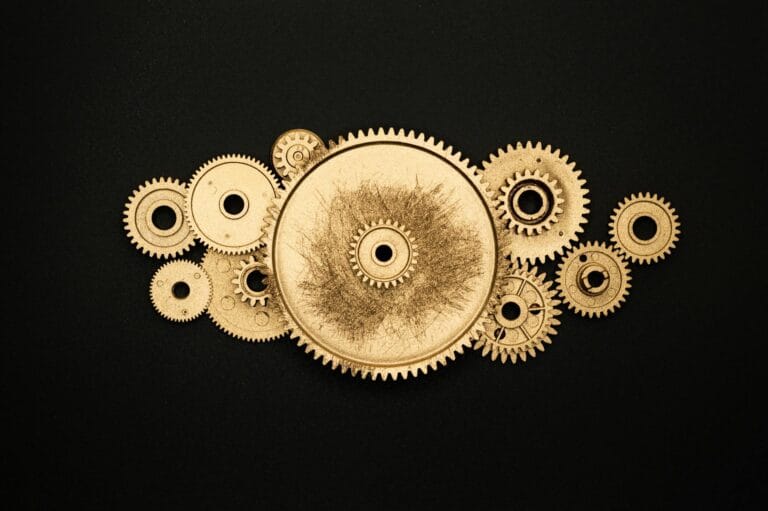 photo of golden cogwheel on black background