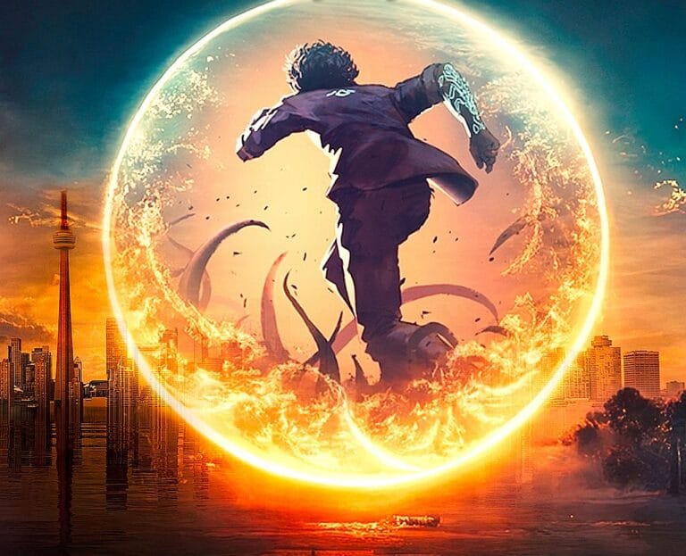 Time and Space crop of cover of woman running in a fiery-space bubble towards Toronto's skyline in shadow under a night sky.