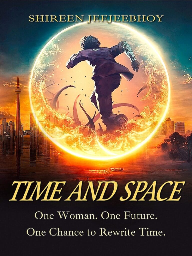 Time and Space cover of woman running in a fiery-space bubble towards Toronto's skyline in shadow under a night sky.