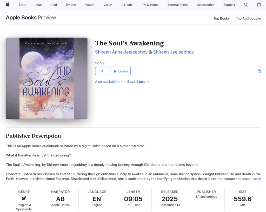 Screenshot of Apple Books Preview of the audiobook with cover, pricing, Listen button, part of description, and data like Apple Books Narrator and length is 9 hours and 5 minutes.