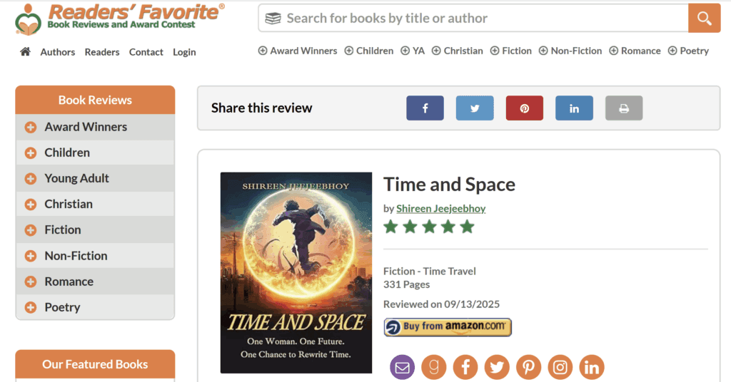 Screenshot of Readers Favorite web page of Time and Space showing 5 stars, date of reviews, and links.