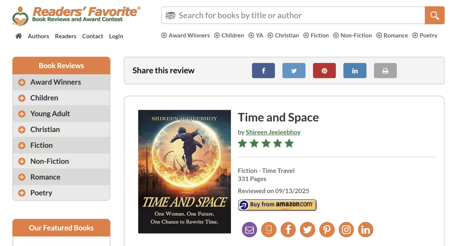 Screenshot of Readers' Favorite review page of Time and Space showing cover, 5 stars average review rating, and buy links.