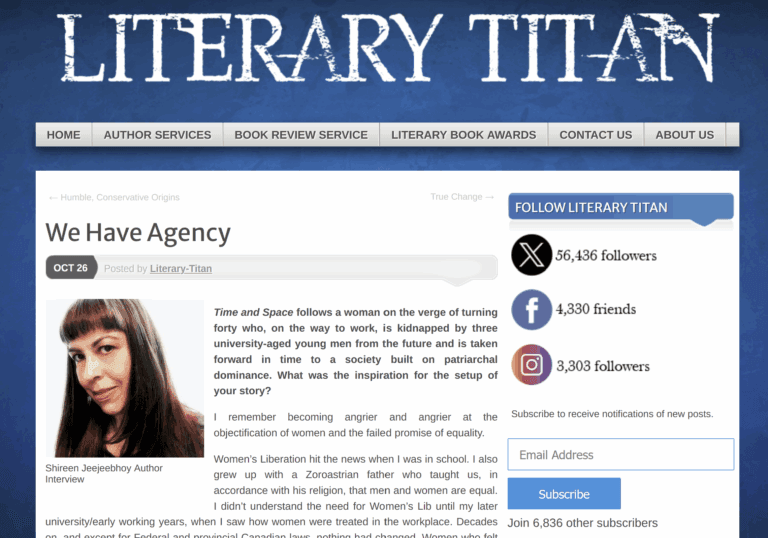 Literary Titan Q&A for Time and Space, titled, "We Have Agency," screenshot. The first question and a few lines of the answer are next to my head shot.