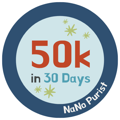 NaNo Purist badge. 50k in 30 days. In green-blue.