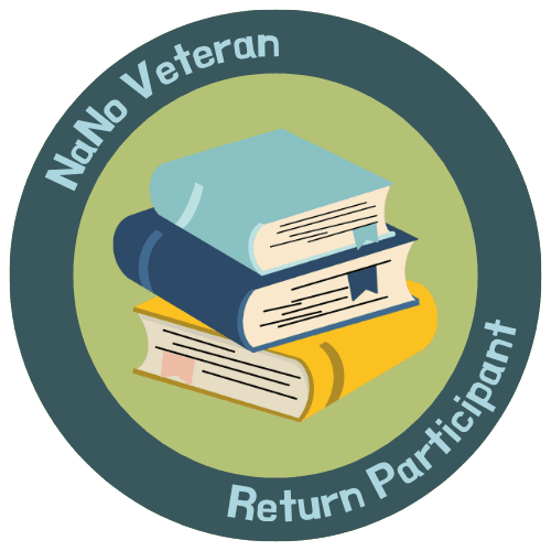NaNoWriMo Badge NaNo Veteran Return Participant. In green with stack of books in centre.
