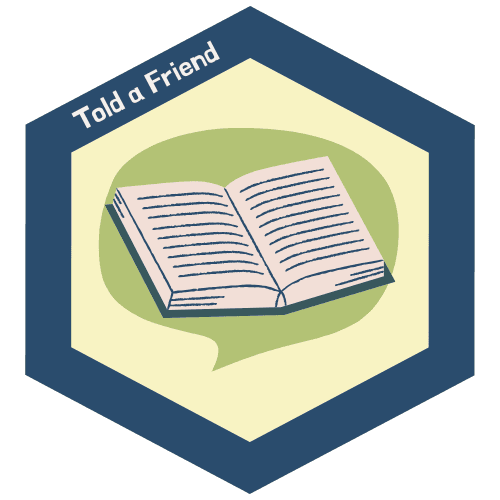 Tell A Friend badge for NaNoWriMo by NaNo2.0. Blue hexagon around a book in yellow background.