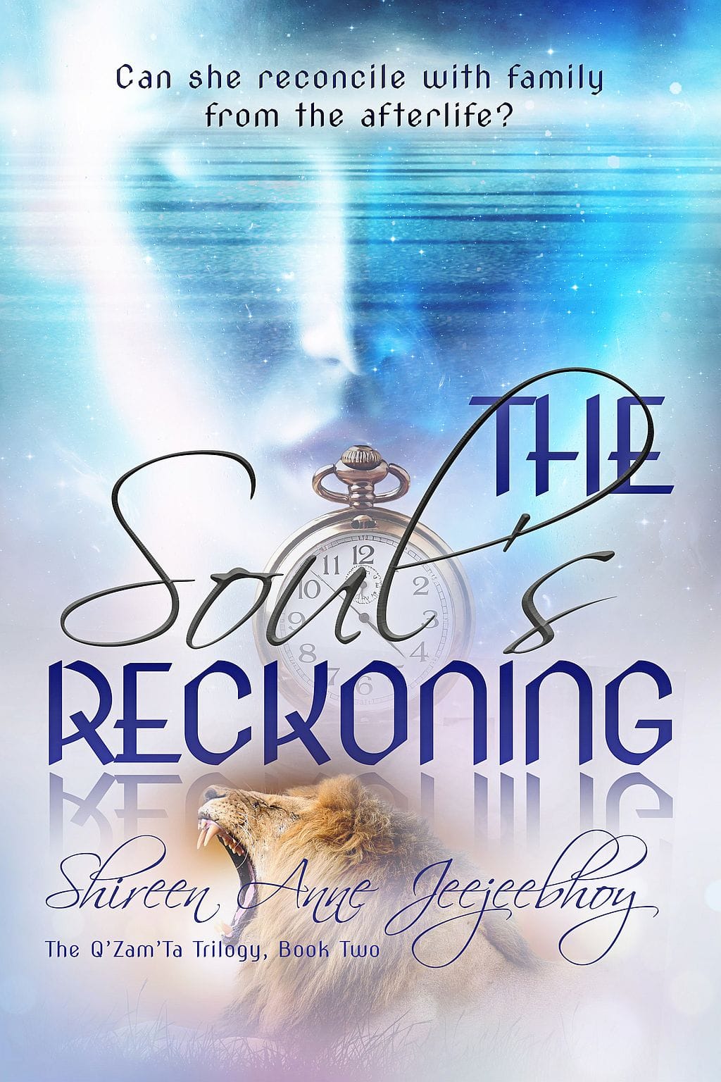 Cover The Soul's Reckoning. Bright blue with ephemeral woman's face on top. Pink-lavender with roaring lion on bottom. Title over an old-fashioned pocket watch. Stars and waves in background top half.