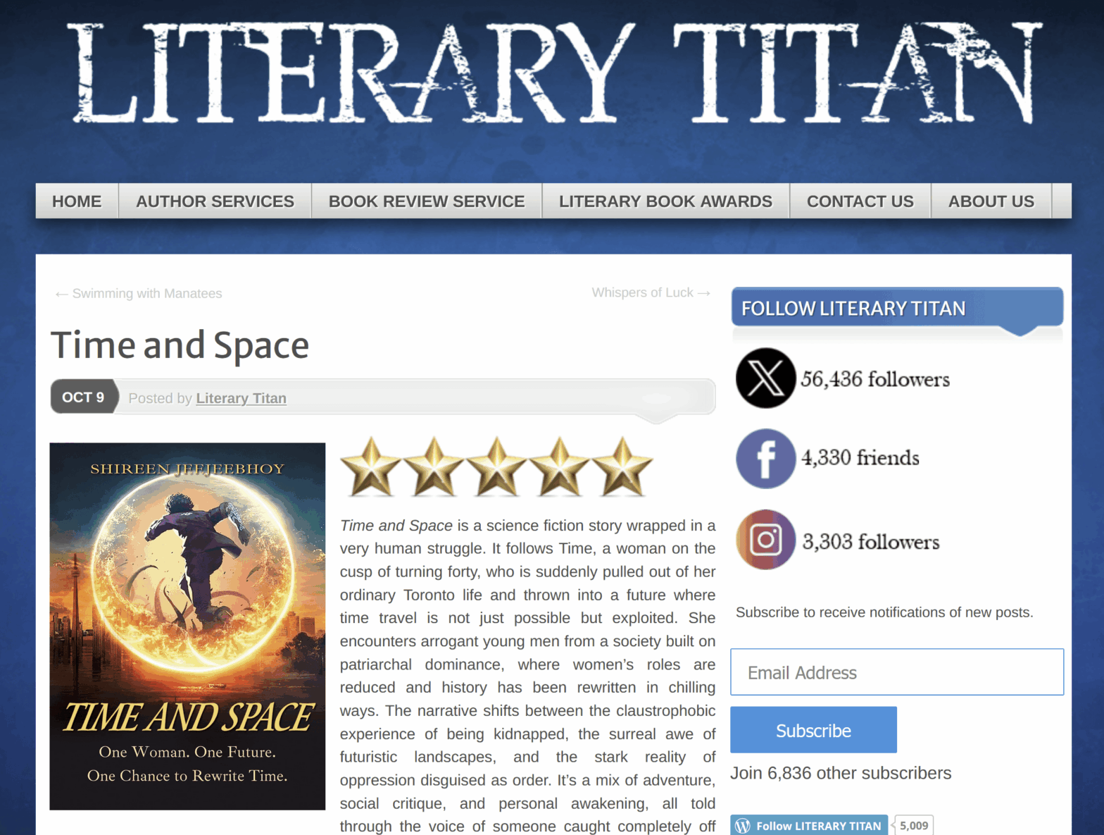 Screenshot of the top part of Literary Titan review of Time and Space showing front cover, 5 stars, and a paragraph.