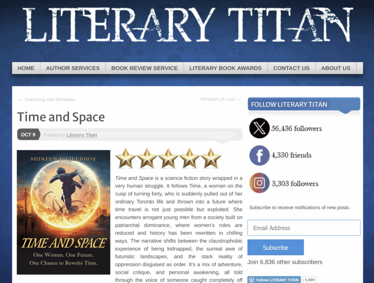 Screenshot of the top part of Literary Titan review of Time and Space showing front cover, 5 stars, and a paragraph.