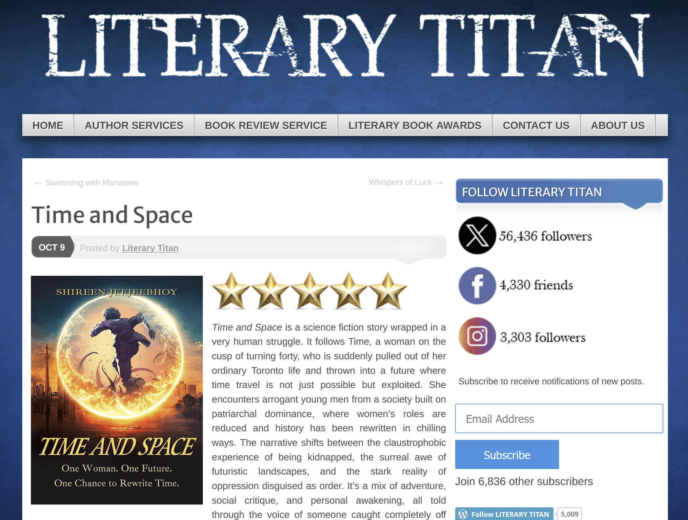 Screenshot of the top part of Literary Titan review of Time and Space showing front cover, 5 stars, and a paragraph.