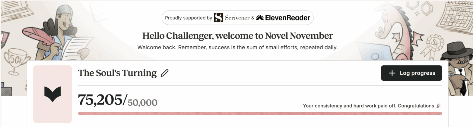 Banner showing word count of 75,205 words written by November 28th as logged on in ProWritingAid's NovNov.