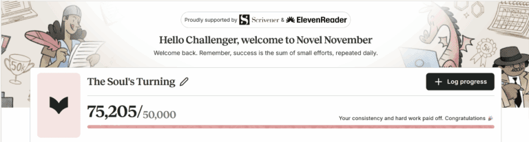 Banner showing word count of 75,205 words written by November 28th as logged on in ProWritingAid's NovNov.