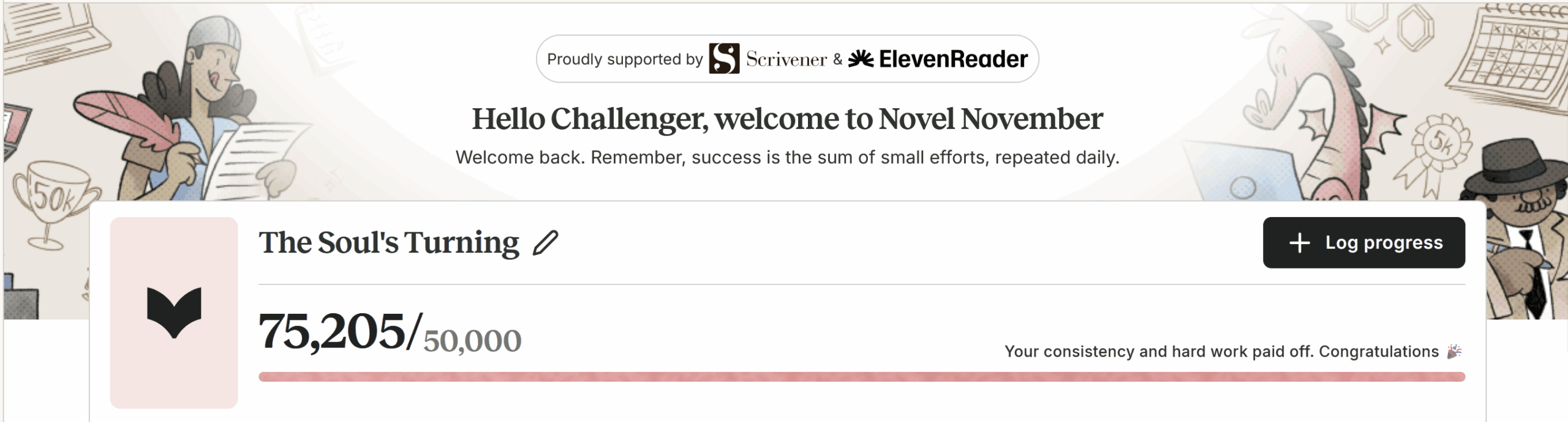 Banner showing word count of 75,205 words written by November 28th as logged on in ProWritingAid's NovNov.