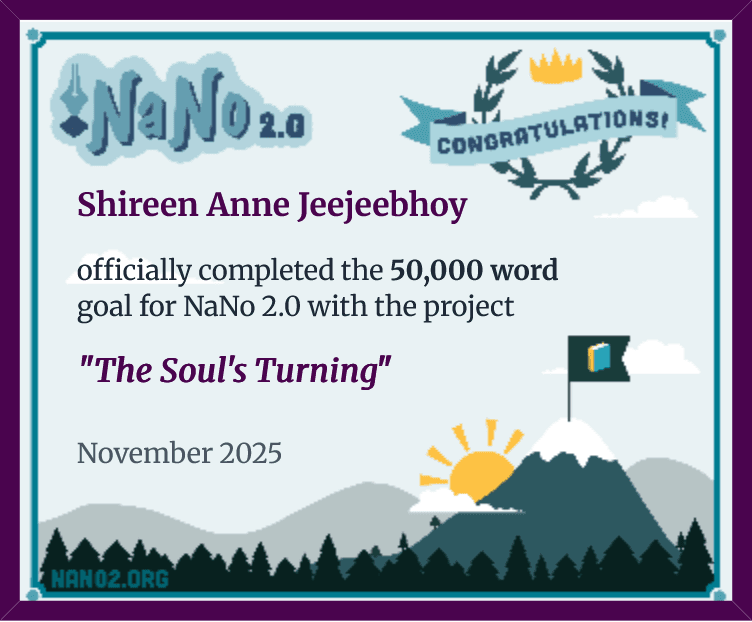 Nano2.0 winner certificate with my name and novel title on it. A graphic showing a mountainscape with trees lining the bottom.