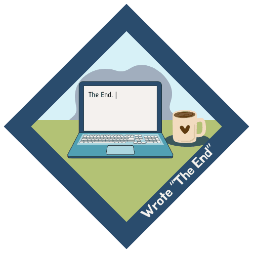 A diamond graphic with a laptop and coffee cup in the centre. Laptop shows words The End. Also the words Wrote "The End" are on the badge's border. Blues and greens.