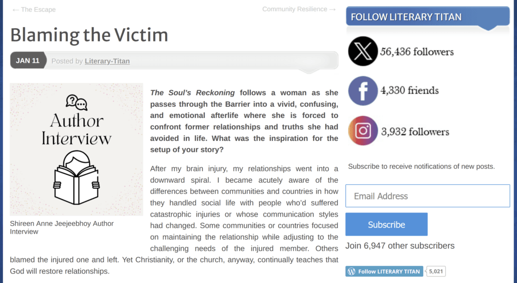 Screenshot of Literary Titan's Q&A with their Author Q&A graphic and their first question with the first paragraph of my answer.