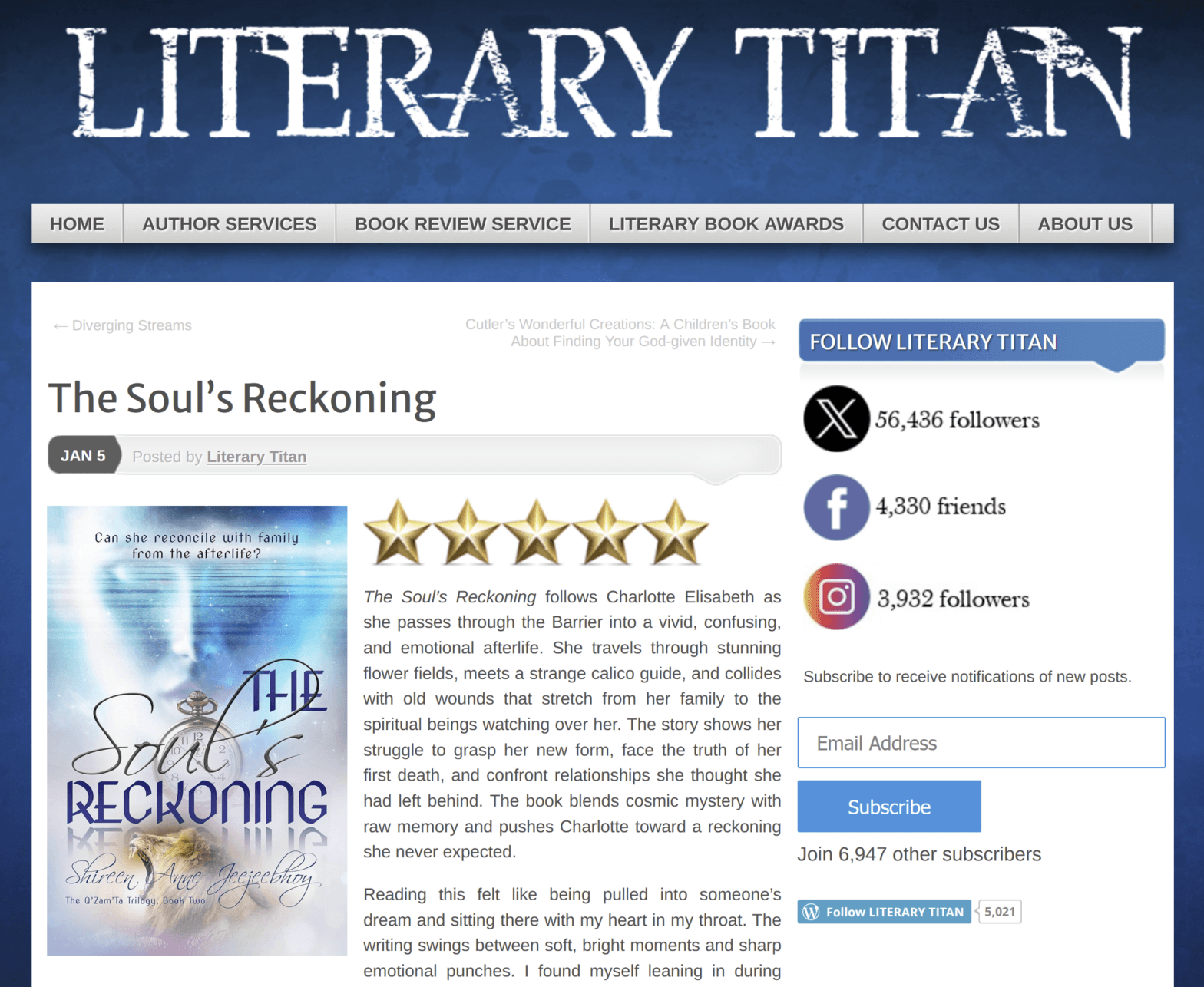 Screenshot of Literary Titan's review of The Soul's Reckoning showing their masthead, five stars, and the cover of my novel. The first paragraph is visible.