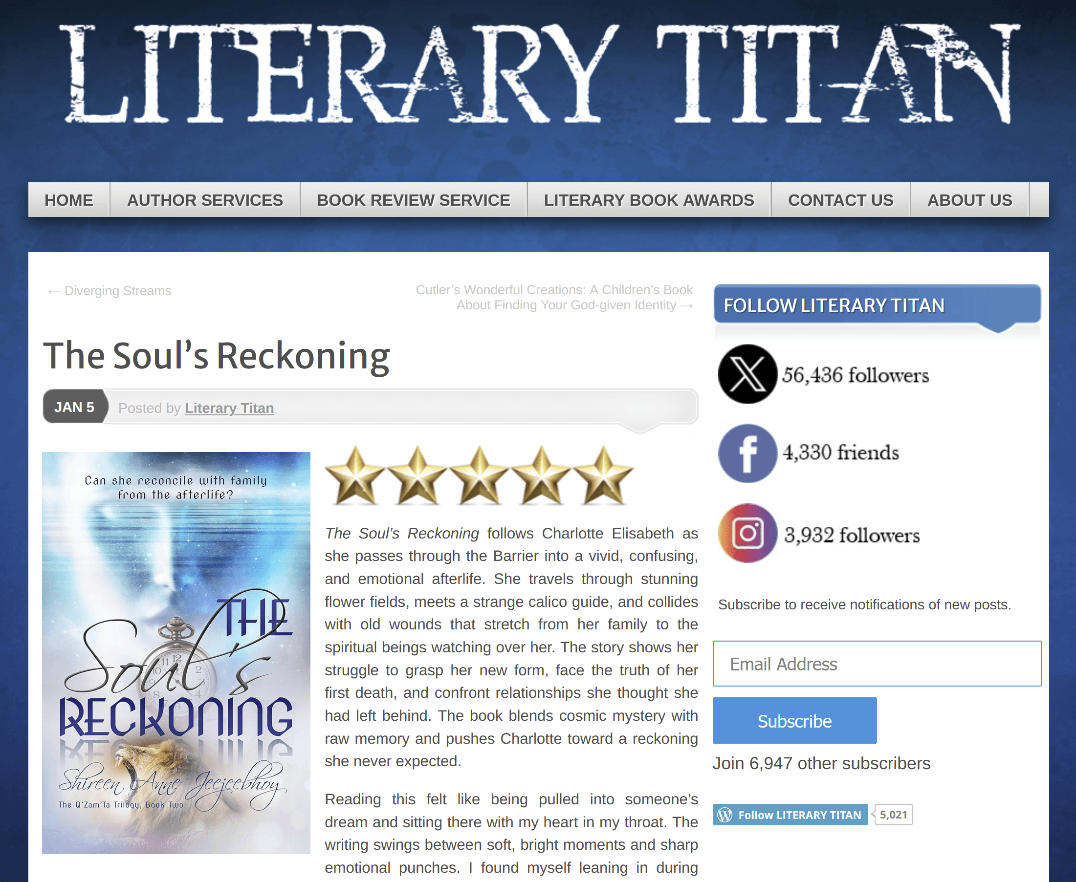 Screenshot of Literary Titan's review of The Soul's Reckoning showing their masthead, five stars, and the cover of my novel. The first paragraph is visible.